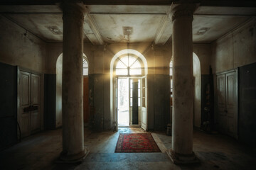 Fototapeta na wymiar Old abandoned forgotten historical mansion, inside view