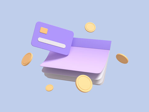 Flying Calendar, Checkbook, With Coins, And Credit Card On Blue Isolated Background Symbolizing Payment Of Taxes. Fast Money Concept. 3d Render