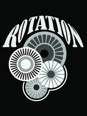 abstract pattern in the form of round stylized images of turbines and the word "rotation" for printing on clothing, emblems, posters, as well as for the design of logos and technical rooms