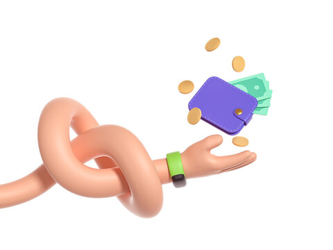 3d render, abstract cartoon character flexible knotted caucasian hand, boneless funny body part concept, catches a wallet with money, isolated on white background. Surrealistic clip art