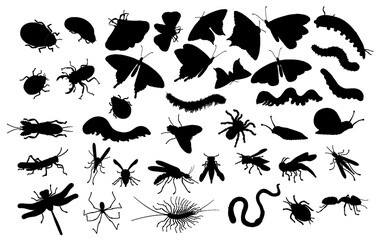 A large set of insects. Black silhouette - butterflies, caterpillars, spiders, aphids, wasps, bees, mosquitoes, beetles, worms, dragonflies, snails, flies, ants, grasshoppers and slugs. © Ольга Ева