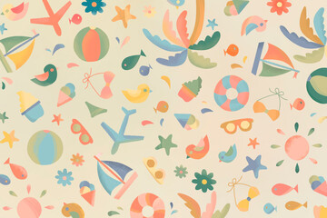 Abstract modern colorful wallpaper formed using objects related to vacation and summer. Illustration with different textures (crayons) in vintage colors on a pastel background. Stylish sunny design.