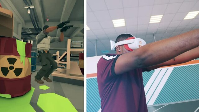 VR shooter with an african man taking part in it