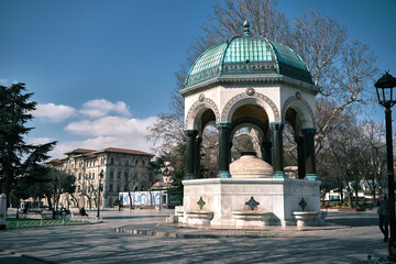 istanbul Fatih and old ancient public fountain established by ottoman empire period with magnificent engravings and painting called as german fountain (alman cesmesi). Turkey istanbul 