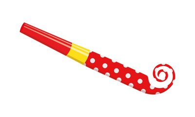 Party horn isolated on white background. Unrolling red polka dot blower. Noisemaker side view. Sound whistle for birthday celebration. Vector cartoon illustration.