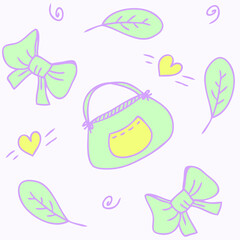 Vector pattern in pastel colors, bag, bows and leaves. Cartoon style. Hand drawn vector illustration. Design for T-shirt, textile and prints.

