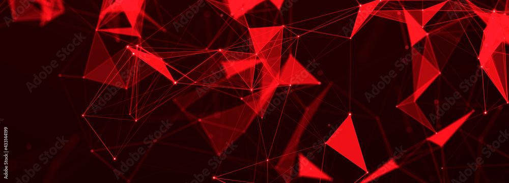 Aufkleber Connection of dots and lines structure on dark background. Red abstract polygonal space. 3d Widescreen