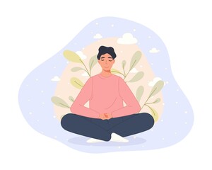 Men sitting on floor and meditating in lotus pose. Yoga meditation practice concept in cartoon style. Vector illustration