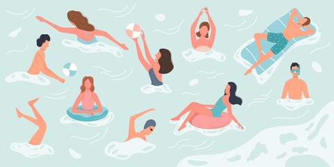 Different people swimming and rests in sea or ocean performing various activities. Characters spend summer vacation time. Vector illustration