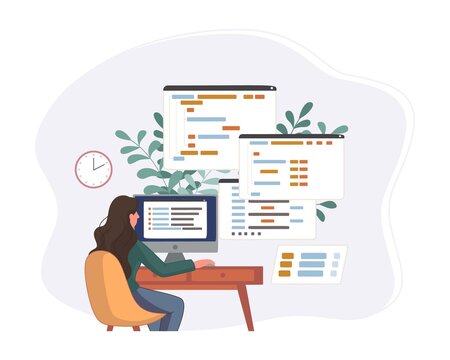 Programmer working on web development code. Engineer programming in python, php and java script on computer. Vector illustration professional software developers concept