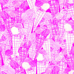 Cute pink Ice cream drawn by hand in texture of pencil child style seamless pattern. Cartoon naive drawing in baby style. For wrapping paper, kids design, baby textile, accessories, wallpaper. 