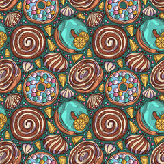 Cartoon hand-drawn donuts seamless pattern. Colorful design for menu, cafe decoration, textile, wallpaper, fabric and delivery box glazed cover. Glazed bakery setting vector background