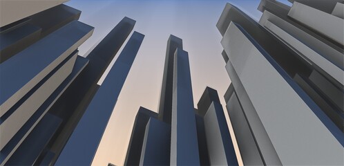 3d rendering of skyscrapers high rise buildings looking upwards towards sky