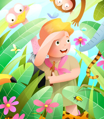 Obraz na płótnie Canvas Girl scout in African jungle adventure, playing hide and seek with animals. Jungle animals elephant, monkey, ostrich and snake hiding from scout girl in forest. Watercolor style kids vector cartoon.