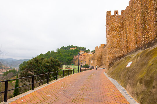 Segorbe, province of Castellon, Valencian Community, Spain. Peaceful promenade, stone walk around the Castle Alc&aacute;zar of Segorbe.