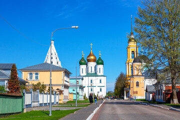 Fototapeta na wymiar Cityscape view of churches and other Orthodox architecture in the old city center of Kolomna, Moscow region, Russia. Assumption Cathedral, Tikhvin Church in Kremlin.