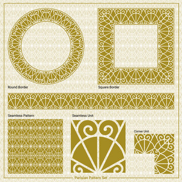Ornamental border, square frame, circle frame and a seamless Classic pattern, inspired by the metal works of the Eiffel tower in Paris, France (Vector Gold pattern with seamless  design elements)