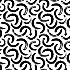 Curved brush strokes vector seamless pattern. Black paint freehand scribbles, wavy lines, dry brush stroke texture. Chaotic rough smears. Monochrome mosaic texture. Hand drawn grunge rounded shapes.