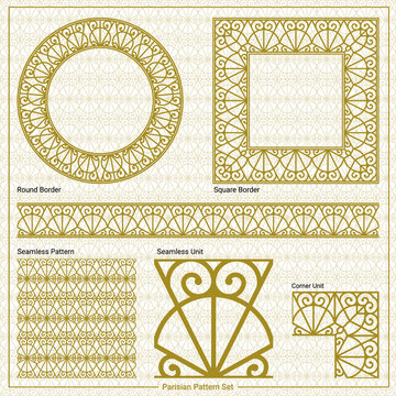 Ornamental border, square frame, circle frame and a seamless Classic pattern, inspired by the metal works of the Eiffel tower in Paris, France (Vector Gold pattern with seamless  design elements)