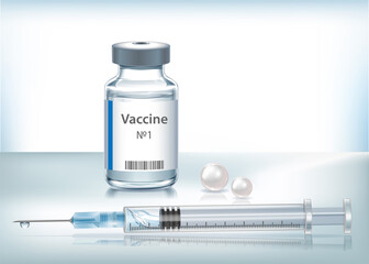 The medical concept with vaccine bottle and syringe for injection.  Transparent vector ampoule on blue background