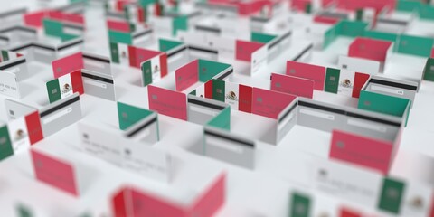 Fictional credit card maze with flag of Mexico. Financial problems related 3D rendering