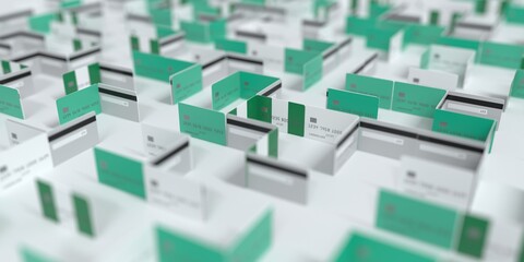 Fictional credit card maze with flag of Nigeria. Financial difficulties related 3D rendering