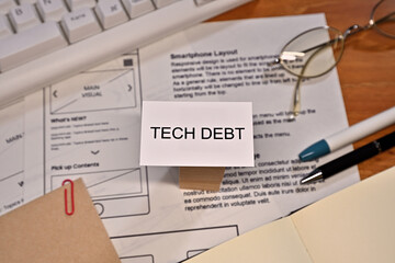 On a desk with a keyboard and a piece of paper with a dummy web design on it, there is a card with the word TECH DEBT written on it.