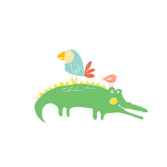 Cute Crocodile or Alligator and birds Cartoon Animal, baby and children print design Vector Illustration