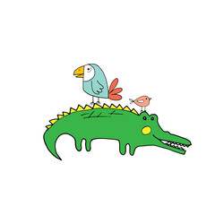 Cute Crocodile or Alligator and birds Cartoon Animal, baby and children print design Vector Illustration