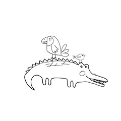 Cute Crocodile or Alligator and birds Cartoon Animal, baby and children print design Vector Illustration