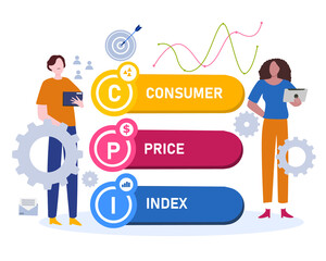 consumer price index concept man and woman hold tablet analyzing data with cartoon flat style