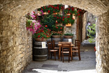 Outside Dining Table and Chairs with Flower Pots in Tuscany