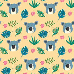 Cute Koala and Tropical plants Seamless pattern. Cartoon Hand Drawn Animal Doodles Background. Vector Illustration