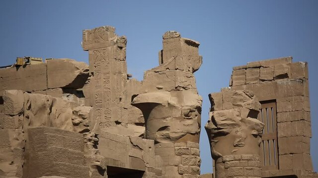 Footage of the broken walls of the Temple of Karnak in Egypt, ancient building