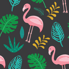 Cute Flamingo and Tropical plants Seamless pattern. Hand Drawn Animal and palm leaves Background. Vector Illustration