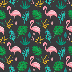 Cute Flamingo and Tropical plants Seamless pattern. Hand Drawn Animal and palm leaves Background. Vector Illustration