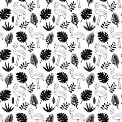 Cute Flamingo and Tropical plants Seamless pattern. Hand Drawn Animal and palm leaves Background. Vector Illustration