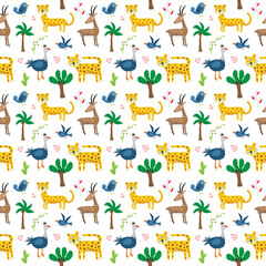 Cute Animals Seamless pattern. Cartoon Animals and Tropical plants doodles. Cartoon Vector illustration