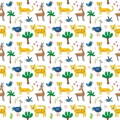 Stickers muraux Licornes Modèle sans couture d& 39 animaux mignons. Animaux de dessin animé et griffonnages de plantes tropicales. Illustration vectorielle de dessin animé
