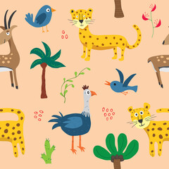 Cute Animals Seamless pattern. Cartoon Animals and Tropical plants doodles. Cartoon Vector illustration