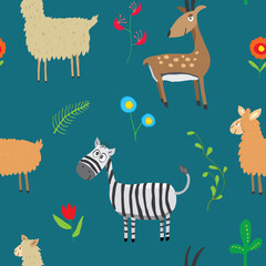 Cute Animals Seamless pattern. Cartoon Animals and plants doodles. Cartoon Vector illustration