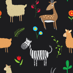 Cute Animals Seamless pattern. Cartoon Animals and plants doodles. Cartoon Vector illustration