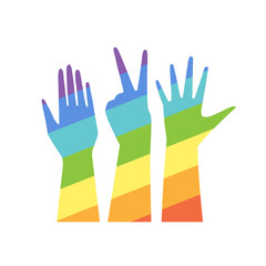 Fototapeta premium Rainbow colored hands silhouettes raised up in the air showing different gestures. Concept of LGBT community support. Pride month card. Hand drawn colorful flat vector illustration.