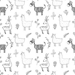 Cute Animals Seamless pattern. Cartoon Animals and plants doodles. Cartoon Vector illustration