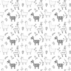 Cute Animals Seamless pattern. Cartoon Animals and plants doodles. Cartoon Vector illustration