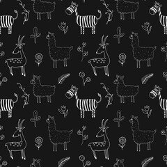 Cute Animals Seamless pattern. Cartoon Animals and plants doodles. Cartoon Vector illustration