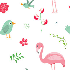 Cute Flamingo and Tropical plants Seamless pattern. Hand Drawn Animal and exotic flowers Background. Vector Illustration