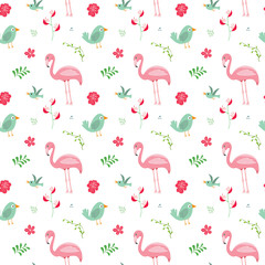 Fototapeta na wymiar Cute Flamingo and Tropical plants Seamless pattern. Hand Drawn Animal and exotic flowers Background. Vector Illustration