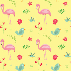 Cute Flamingo and Tropical plants Seamless pattern. Hand Drawn Animal and exotic flowers Background. Vector Illustration