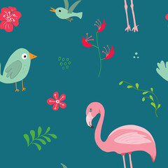 Cute Flamingo and Tropical plants Seamless pattern. Hand Drawn Animal and exotic flowers Background. Vector Illustration